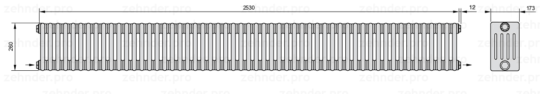 Схема (чертеж) Радиатор Zehnder Charleston 5026/55 №2670 Белый глянцевый RAL 9016
